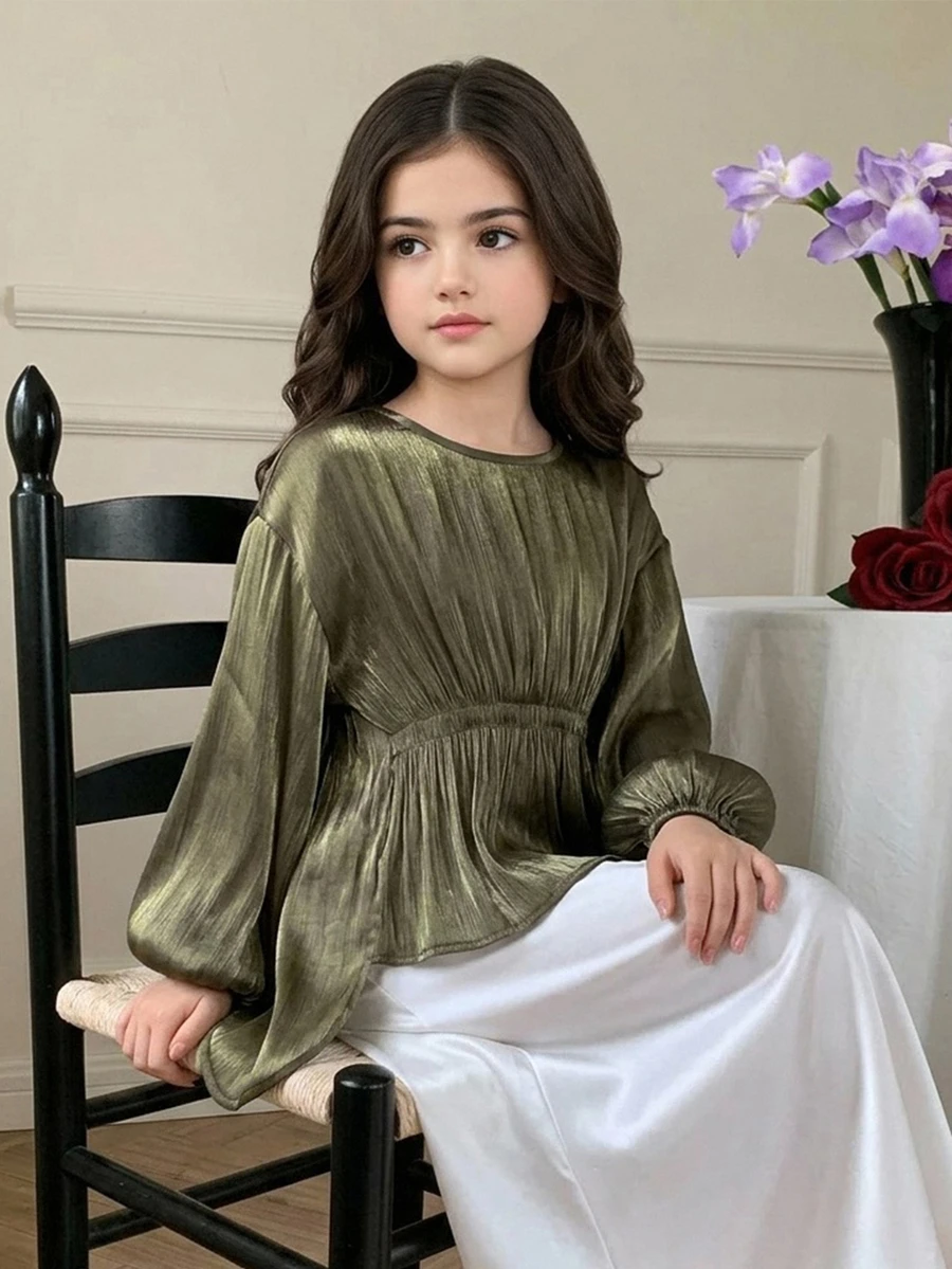 Dazy Kids Tween Girl Fashion Ruched Waist Long Sleeve Blouse - Army Green - View 1