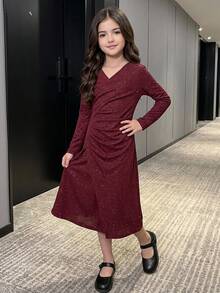 DAZY Tween Girl) V-Neck Pleated Asymmetric Long Dress, Autumn Dress - Burgundy - View 7