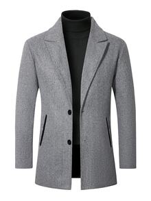 Manfinity Mode Men's Light Gray Mid-Length Wool Coat With A Notched Lapel, Single-Breasted Design With Two Buttons, Simple Cut, Slanted Pockets, Versatile Wool Coat For Autumn And Winter, Suitable For Both Business And Casual Occasions. - Light Grey - View 6