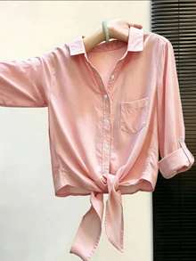 Franclia Blus Wanita Lengan Panjang Warna Pink Musim Semi/Gugur dengan Tali Pinggang dan Manset Gulung, Panjang Pendek yang Melangsingkan - Berwarna merah muda - View 1