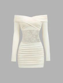 Sweetra European And American Style Off-Shoulder Long Sleeve Knit Lace Patchwork Bodycon Dress For Women - Apricot - View 3