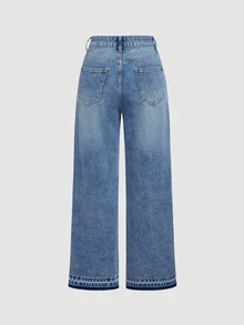 SHEIN PETITE Women's Casual Daily Denim Jeans With Pockets And Buttons - Blue - View 5