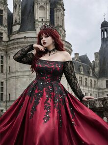Whyspr Plus Size Sexy Hot Girl Off-Shoulder Lace Flare Dress - Burgundy - View 2