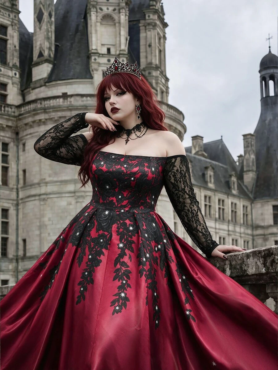 Whyspr Plus Size Sexy Hot Girl Off-Shoulder Lace Flare Dress - Burgundy - View 1