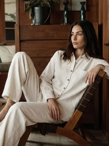 Livesso Women's Solid Color Single-Breasted Long Sleeve Top And Pants Casual Daily Loungewear Set - Beige - View 9