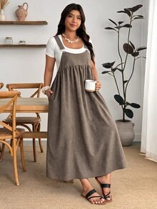 Enliva Plus Size Autumn Plaid Sleeveless High Waist Pinafore Midi Dress Apple - Brown - View 7