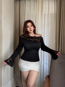 Vibekara Plus Size Asymmetrical Neckline Lace Patchwork Women's Top - Black - View 6