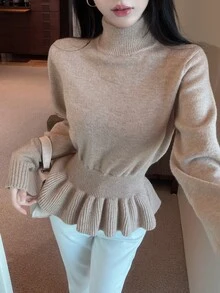 Joudiya Autumn/Winter High Neck Ruffle Hem Waist-Cinching Long Sleeve Knit Slim Fit Elegant Elegant Commute Date Women's Sweater - Camel - View 1