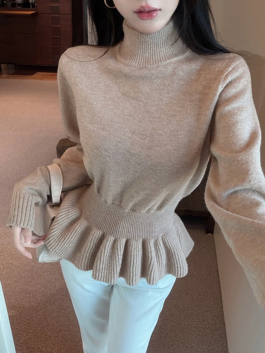 Joudiya Autumn/Winter High Neck Ruffle Hem Waist-Cinching Long Sleeve Knit Slim Fit Elegant Elegant Commute Date Women's Sweater - Camel - View 1