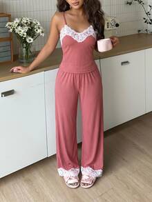 SHEIN 歐美風粉色蕾絲拼接女款睡衣套裝 - 銅色 - 查看 4