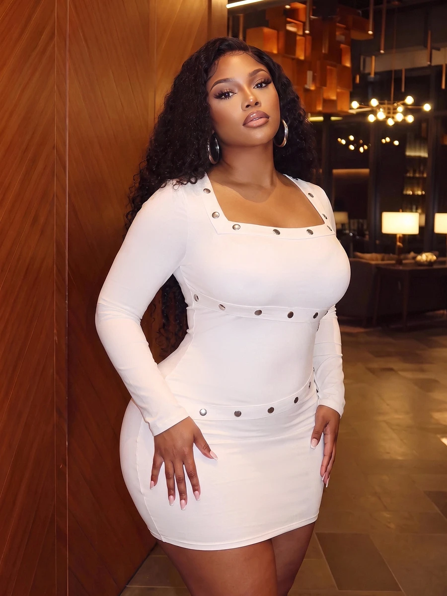 Slaydiva Sexy A Line Elegant Street Dinner Night Date Party Women Slim Fit High Elastic Long Sleeve White Hidden Button Webbing Decor Plus Size Mini Dress Fall
