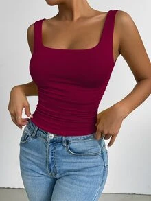 SHEIN PETITE 酒紅色基本款方領寬肩帶背心，適合日常通勤、音樂節、約會之夜、海灘度假、返校季、休閒購物、酒吧聚會、休閒運動風、居家慵懶穿搭 - 酒紅色 - 查看 7