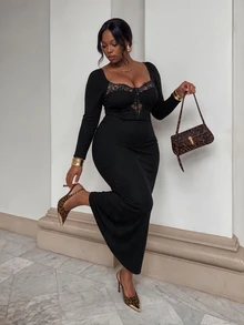 Firerie Women Plus Size Party Dress Elegant Lace Hollow Patchwork Long Sleeve Bodycon Dress - Black - View 4