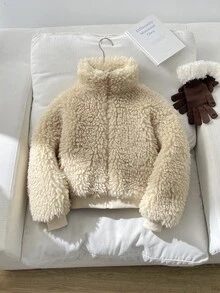 SHEIN Tween Girl Tween Girls Autumn/Winter Casual Fashion Thick Teddy Fleece Faux Fur Stand Collar Ribbed Cuffs Zipper Jacket With Pockets, Suitable For Back To School And Daily Wear - Khaki - View 3