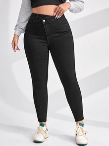 Flexra Plus Size Women's Fashion Casual Asymmetrical Waist Denim Skinny Jeans - Black - View 1