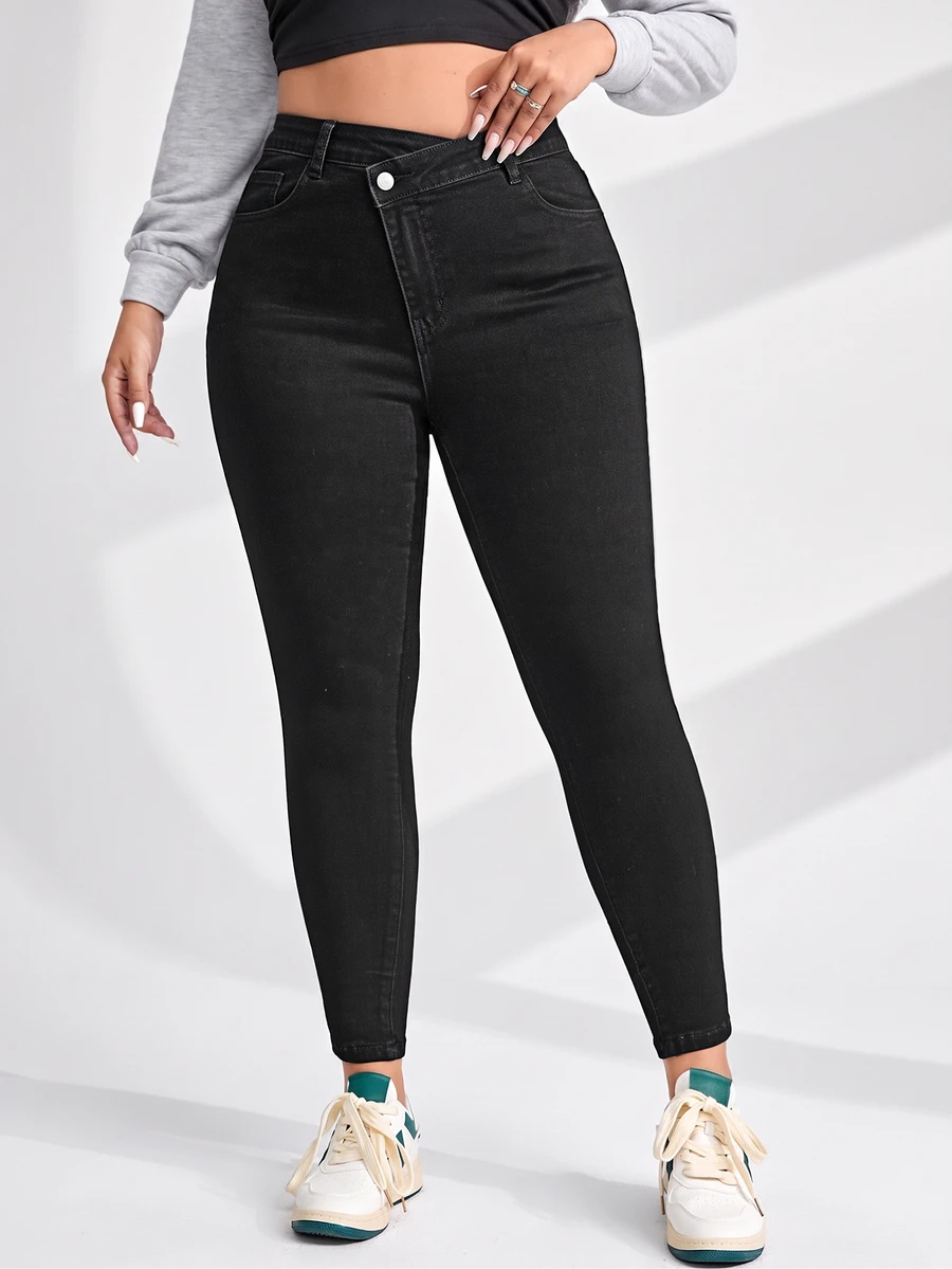 Flexra Plus Size Women's Fashion Casual Asymmetrical Waist Denim Skinny Jeans - Black - View 1