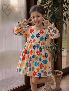 SHEIN 女童方領花瓣袖印花洋裝，背後蝴蝶結裝飾 - 紅色 - 查看 5