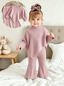 SHEIN Playful Pals 女嬰秋冬休閒T恤2件套 設計感不對稱套頭高領針織羅紋刷毛布料 卡其色素色 - 藕粉色 - 查看 1