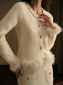 MOTF PREMIUM RHINESTONE DECOR LONG SLEEVE BUTTON KNIT CARDIGAN AND KNIT SKIRT SET - White - View 2