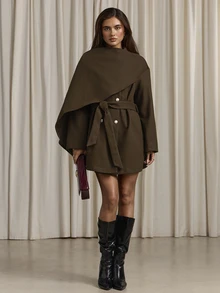 Aloruh Women's Elegant Business Commute Coffee Wool Cape Coat, Scarf Collar Long Sleeve Jacket, Brown Solid Color - Coffee Brown - View 3