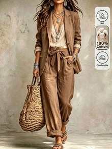 LUMIGAL Women's Autumn New Casual Commute Basic Blazer And Pants Set - Brown - View 4