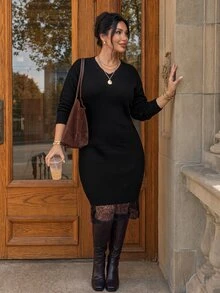 Lounesse Plus Size Women's Solid Color V-Neck Long Sleeve Lace Hem Elegant Knit Dress - Multicolor - View 3