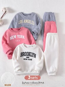 Cozy Pixies 女童兒童圖案軟綿圓領長袖套頭運動衫＋彈性長褲 6件套，百搭舒適，秋冬款 - 彩色 - 查看 1