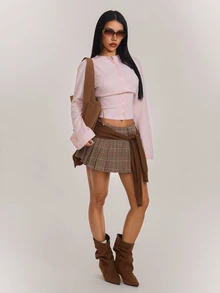 SHEIN PETITE Cardigan Wanita Elegan Warna Polos dengan Pinggang yang Diikat dan Kancing Depan, Lengan Panjang - Baby Pink - View 4