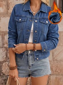 EMERY ROSE Women's Button-Down Lapel Casual Denim Jacket - Dark Wash - View 5