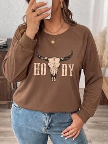 SHEIN VCAY Plus Size Women's Casual Raglan Sleeve Crew Neck Loose Fit T-Shirt, Suitable For Spring And Autumn - Multicolor - View 5