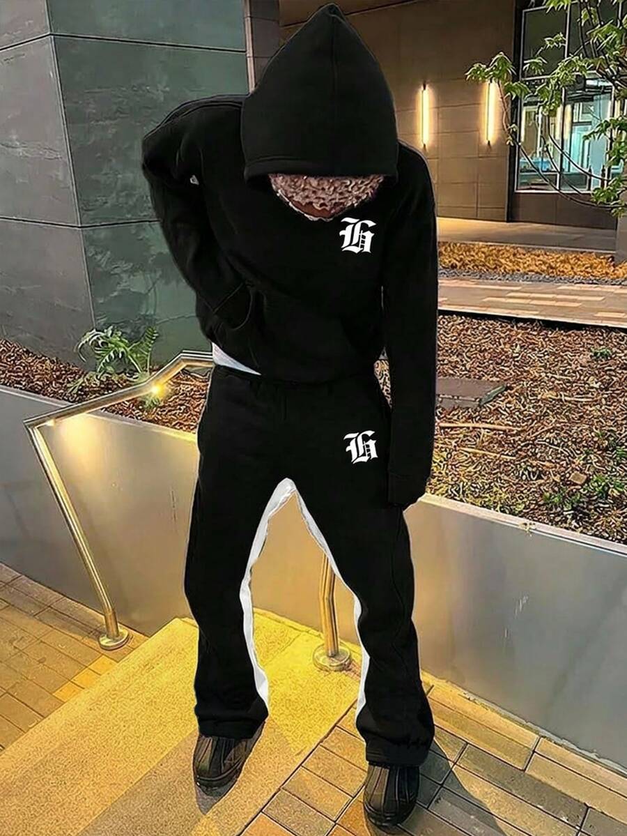SHEIN 兒童青少年男孩新款休閒時尚極簡哥德字母印花運動風拼色黑白連帽衛衣與喇叭褲兩件套,適合秋冬、學校、家庭聚會、返校、生日派對、攝影、度假、節日、運動、舒適 - 黑與白 - 查看 1