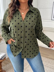 Vionelle 女款橄欖綠單線竹結亞麻波點襯衫領V領前開鈕扣鬆款長袖上衣，優雅休閒辦公通勤法式度假浪漫復古歐風街頭極簡百搭，適合約會下午茶派對聖誕萬聖節感恩節秋冬新款 - 軍綠色 - 查看 5