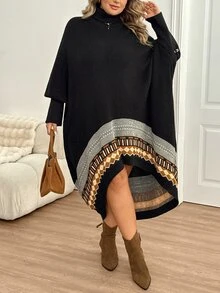 SHEIN CURVE+ فستان كنزة بياقة عالية من الجاكار بألوان متباينة مقاس كبير - متعدد الألوان - مشاهدة 9