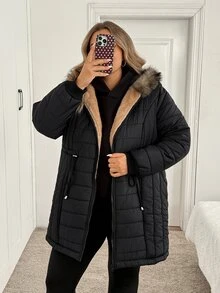 SHEIN CURVE+ Plus Size Thickened Hooded Longline Thermal Lined Long Sleeve Winter Jacket, Solid Black - Black - View 4