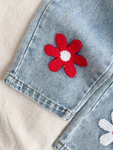 SHEIN 2pcs Young Girl Top + Overalls Cute Sweet Red Denim Ruffle Floral Daisy Flutter Sleeve Round Neck Regular Birthday Party Fall Holiday Wedding Ribbed - Red - View 4