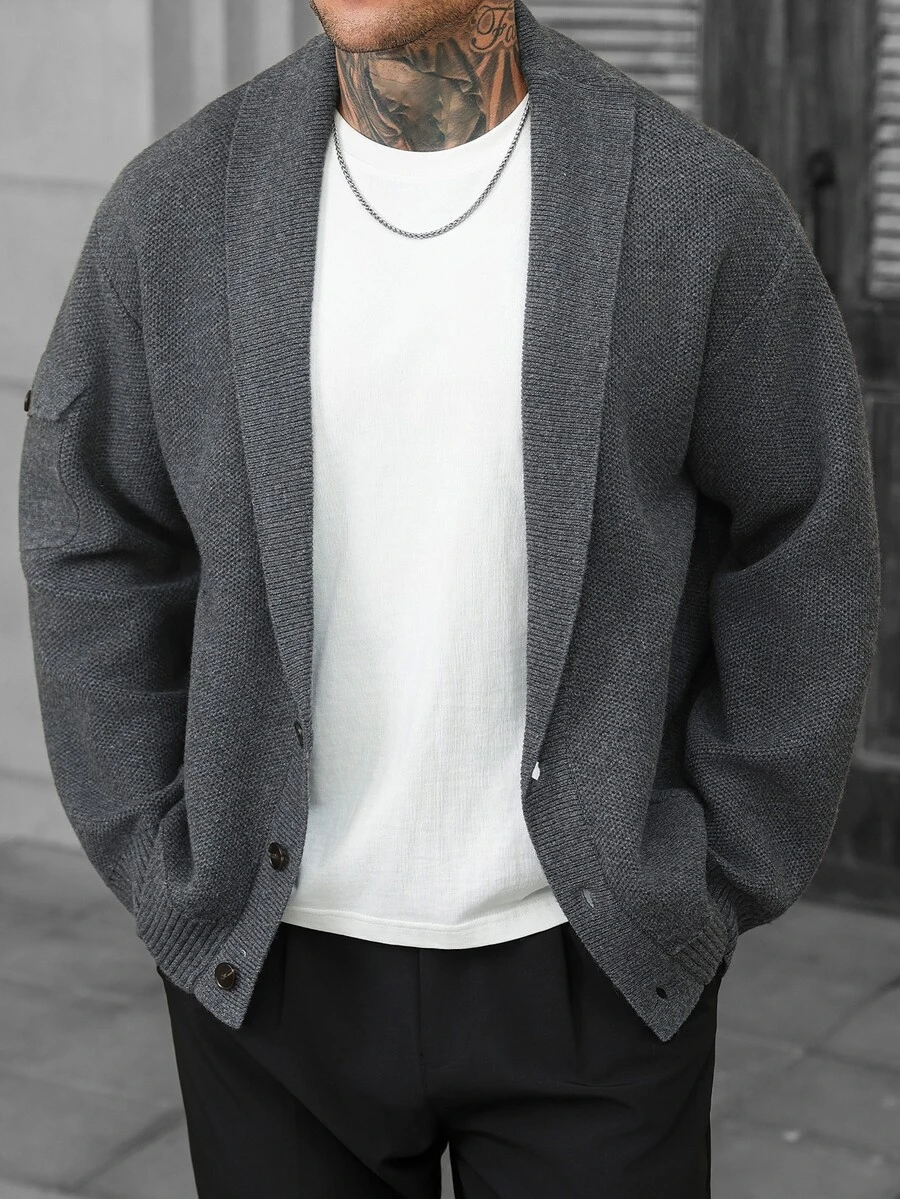 Manfinity CasualCool Solid Color Vertical Ribbed Texture Men's Knit Cardigan With Stand Collar And Zipper Closure, Business Casual Long Sleeve Sweater - Black - View 1