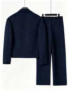 HUEFORM Men's Solid Color Single-Breasted Long Sleeve Jacket And Pants Casual Suit Set - Navy Blue - View 2