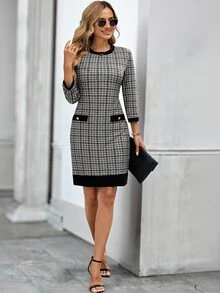 EMERY ROSE Women's Elegant Button Contrast Color Vintage Dress For Office - Black and White - View 5