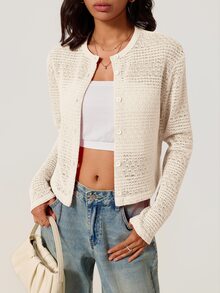 SHEIN BASICS كارديجان نسائي بسيط بأزرار وتصميم مفرغ محبوك رقيق - لون مشمشي - مشاهدة 8