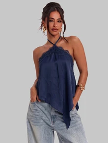 SHEIN BAE 春夏女款休閒度假掛脖蕾絲拼接露背不對稱下擺棕色純色緞面背心，適合 - 藏蓝色 - 查看 7