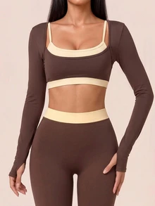 SHEIN BAE Women's Asymmetric Square Neck Colorblock Patchwork Cropped Casual Sports Long Sleeve T-Shirt - Coffee Brown - View 4