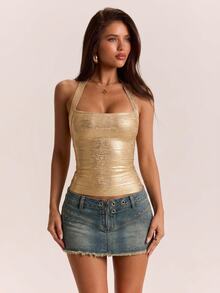 SHEIN BAE Autumn/Winter Solid Gold Spaghetti Strap Bandage Sexy Women's Spaghetti Strap Top - Gold - View 4