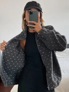 Livesso Autumn/Winter Gray Lapel Zipper Long Sleeve Slim Fit Pocket Decor Short Casual Regular Jacket For Women - Grey - View 8
