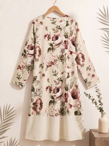 Rusticease Middle-Aged Women Floral Pattern Casual Granny Daily Going Out Vacation Fall Dress Beige - Multicolor - View 2