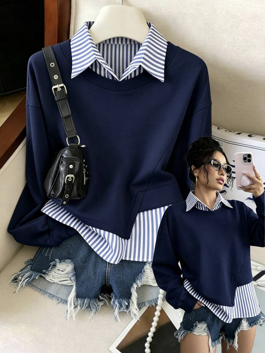 Selianne Sweatshirt Kerah Bergaris Linen 2 in 1 Desain Serbaguna Kasual Musim Gugur Awal Terbaru untuk Wanita, Cocok untuk Pakaian Sehari-hari dan Liburan. - Navy Blue - View 1