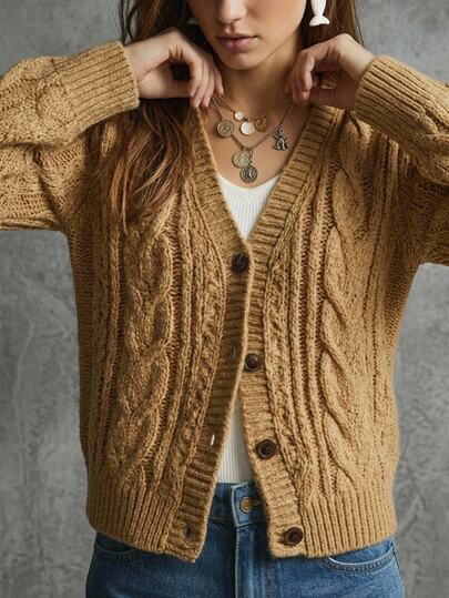 Solivie Cardigan vintage en tricot torsadé avec boutons pour femmes, automne