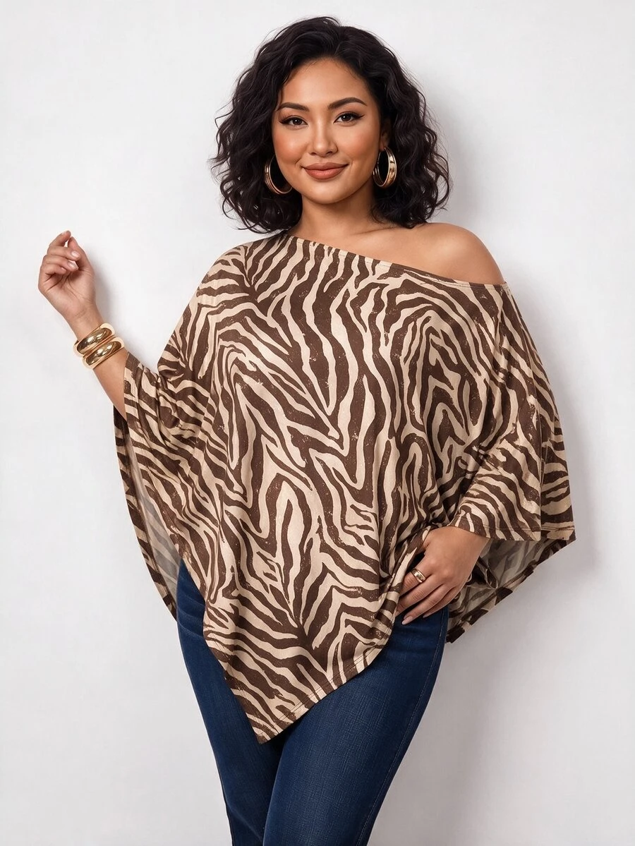 Truni Plus-Size Knit Zebra Print One-Shoulder Asymmetrical Shawl Top Pear Body,Triangle Body - Multicolor - View 1