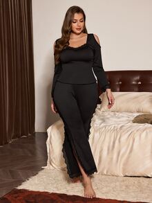 Slumberist Plus Size Lace Trim Patchwork Milk Silk Top + Pants 2 Pieces Set - Black - View 1