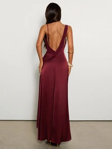 Aloruh An Elegant Magenta Satin Mermaid Dress Featuring A Sexy Open-Back Design And A Fitted A-Line Silhouette-Perfect For Evening Galas, Semi-Formal Events, - Purple - View 6