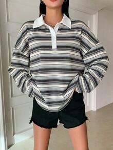 DAZY 女款條紋寬鬆 Polo 領落肩長袖休閒 T 恤 - 灰色 - 查看 6